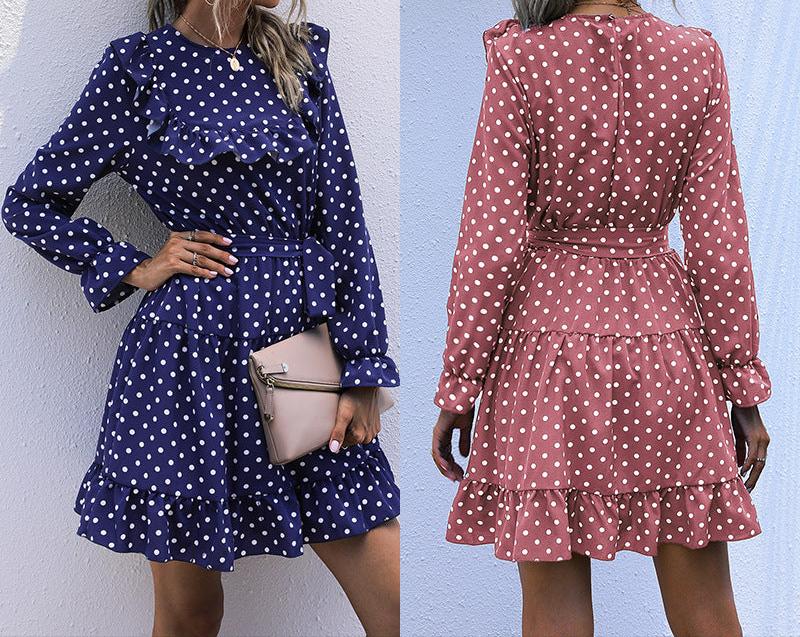 Autumn And Winter Dress Long-sleeved Polka Dot Ruffled Lace-up Skirt